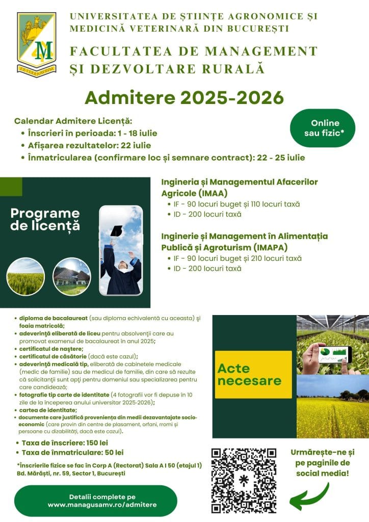Start spre succes în agricultura modernă. Înscrieri la Facultatea de Management și Dezvoltare Rurală USAMV, București. USAMV, ai zis corect. 274 de locuri la buget!