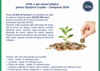 APIA a început plățile pentru Sprijinul Cuplat din Campania 2024: peste 43.500 de fermieri primesc 60 milioane euro