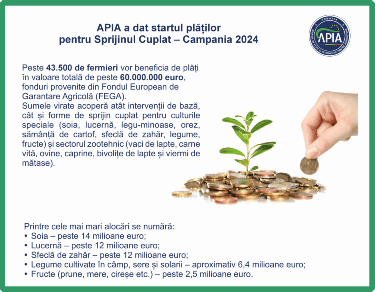 APIA a început plățile pentru Sprijinul Cuplat din Campania 2024: peste 43.500 de fermieri primesc 60 milioane euro