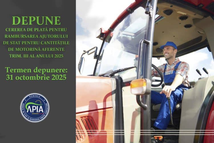 APIA primește cereri de plată pentru rambursarea ajutorului de stat la motorina utilizată în agricultură – trimestrul III 2025